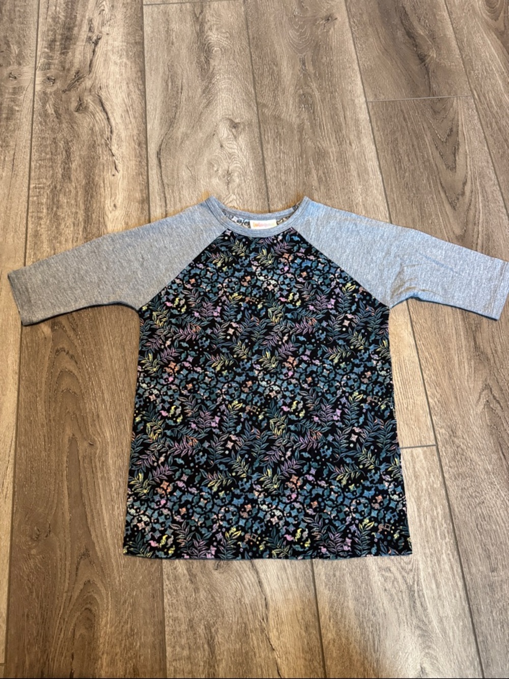 LuLaRoe Kids Raglan Tee in Black Floral with Gray Sleeves